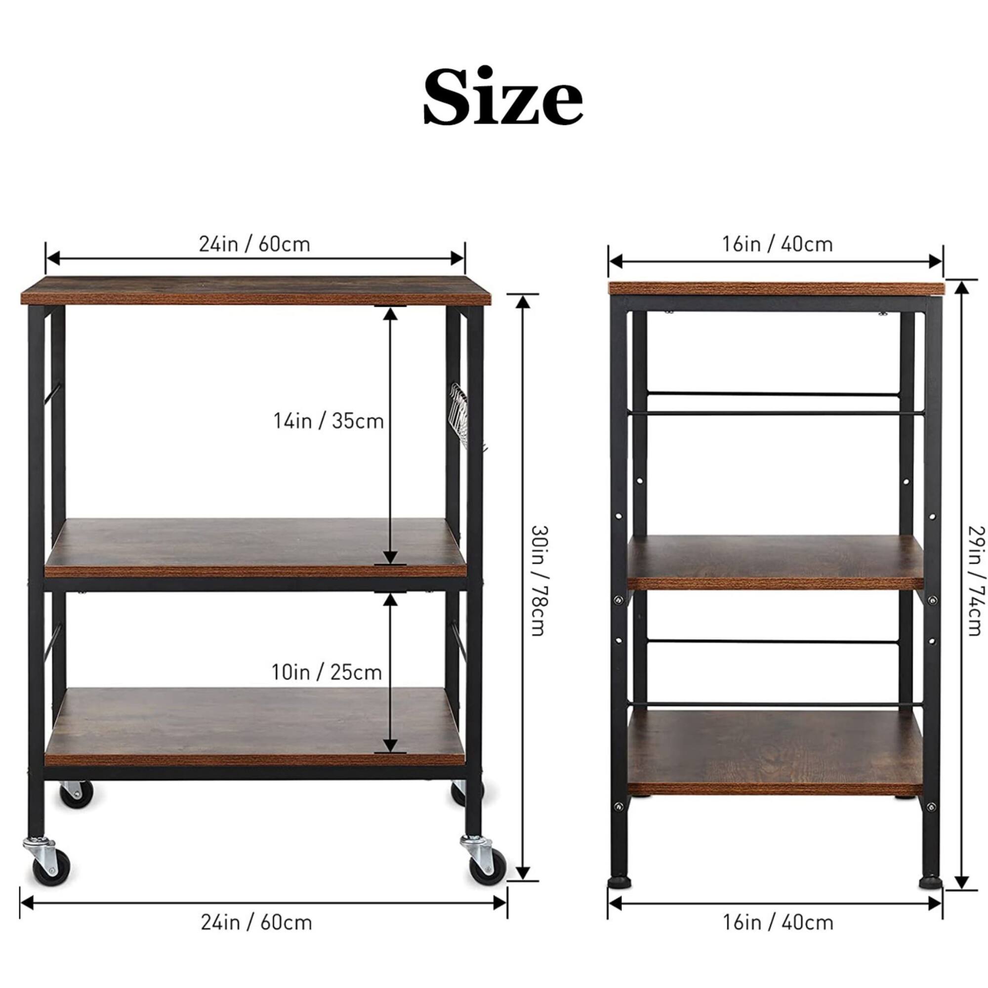 Rustic Brown Wood Kitchen Carts 3-Tier Rolling Rack with 10 Hooks